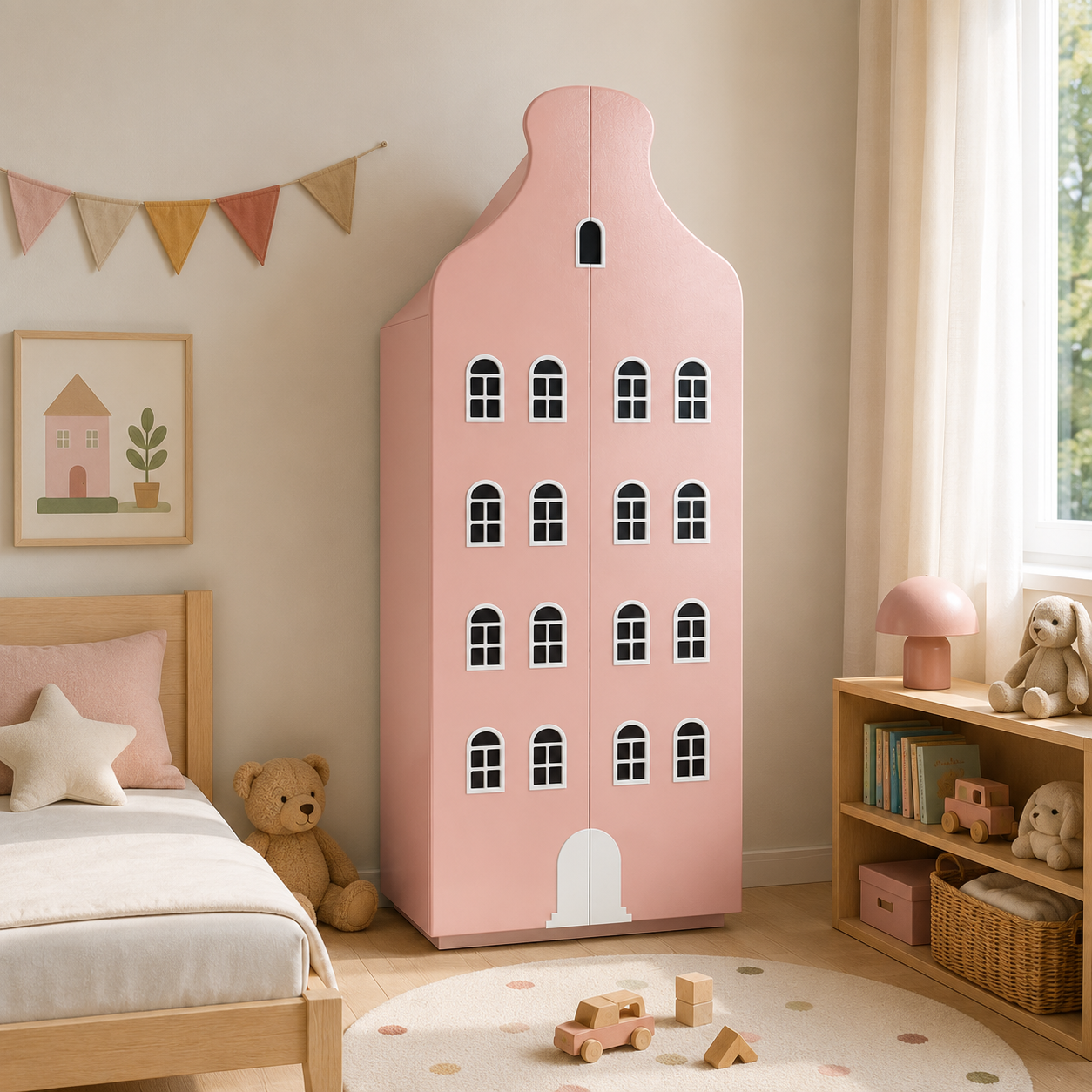 Blush Pink Townhouse Wardrobe – White Arched Windows 3D Model 2