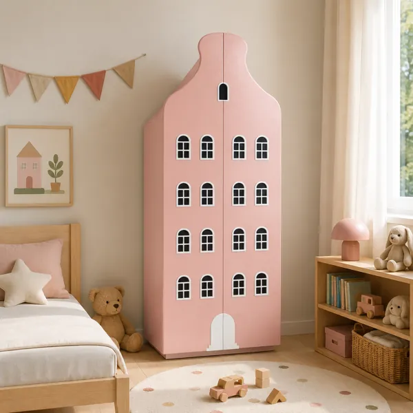 Blush Pink Townhouse Wardrobe – White Arched Windows 3D Model back