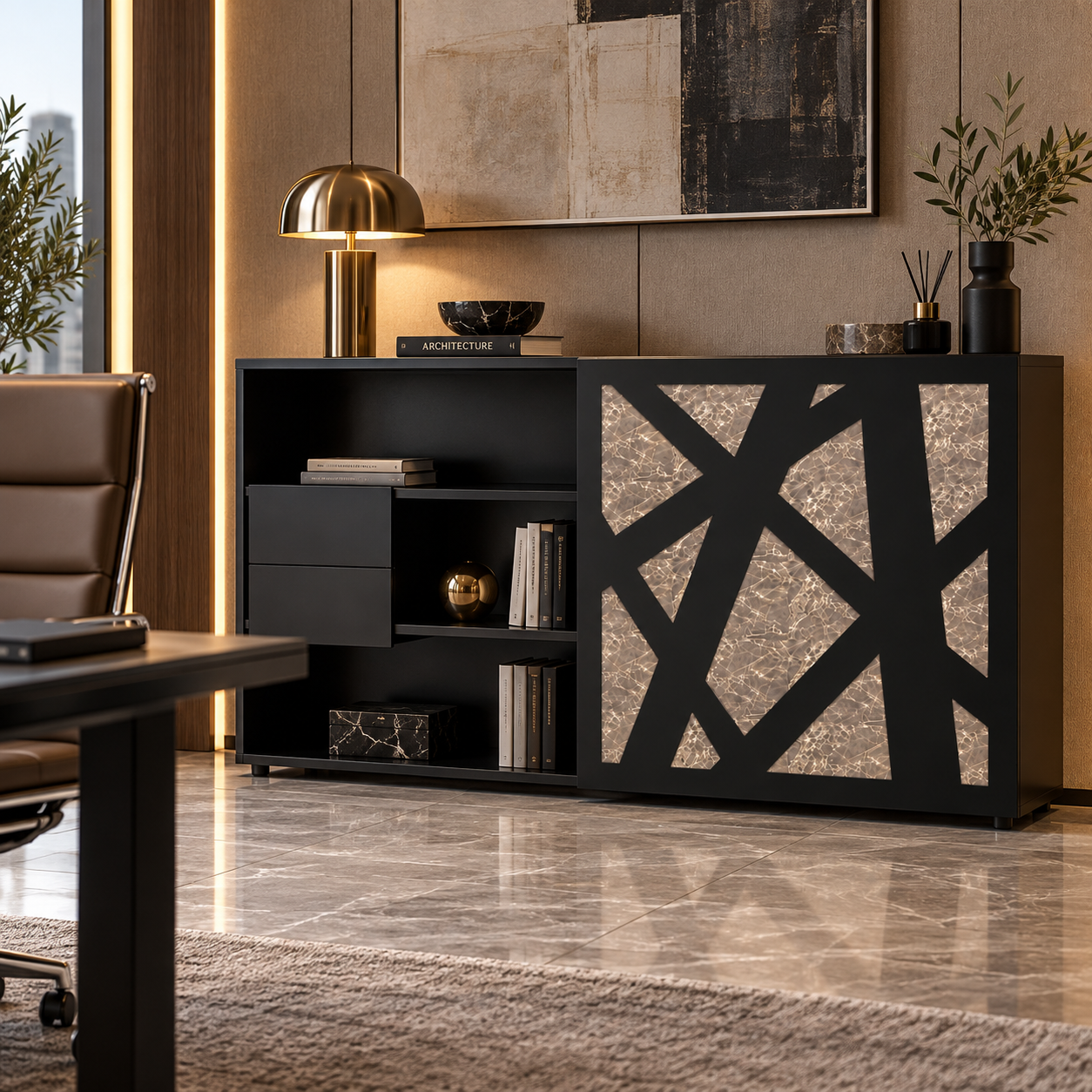 Black Geometric Marble Panel Office Credenza 3D Model 4