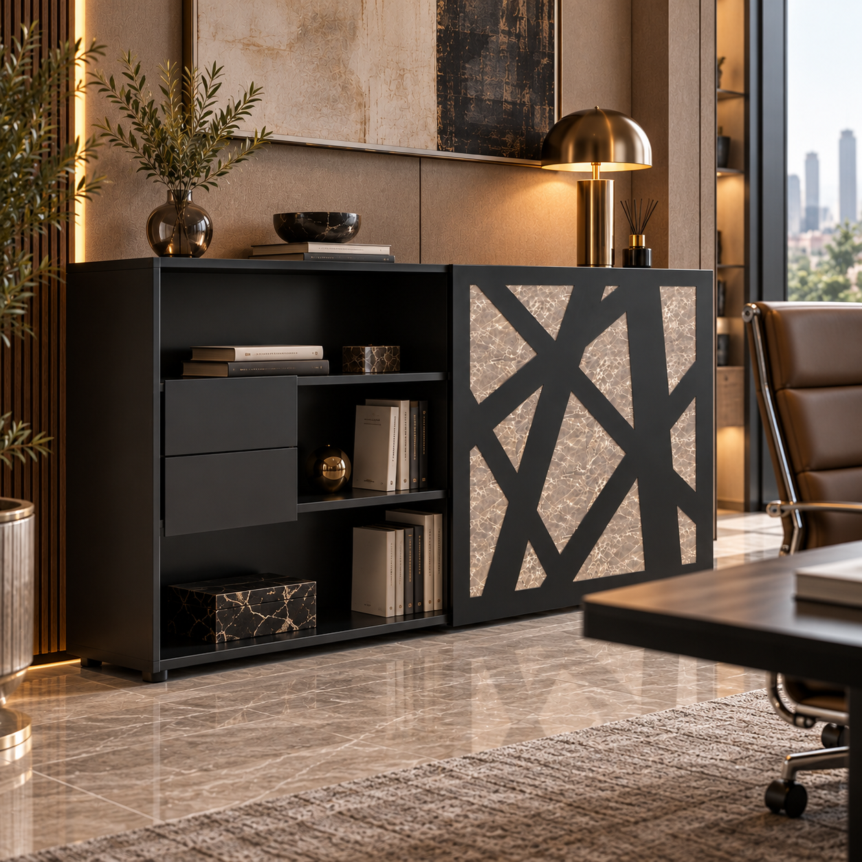 Black Geometric Marble Panel Office Credenza 3D Model 2