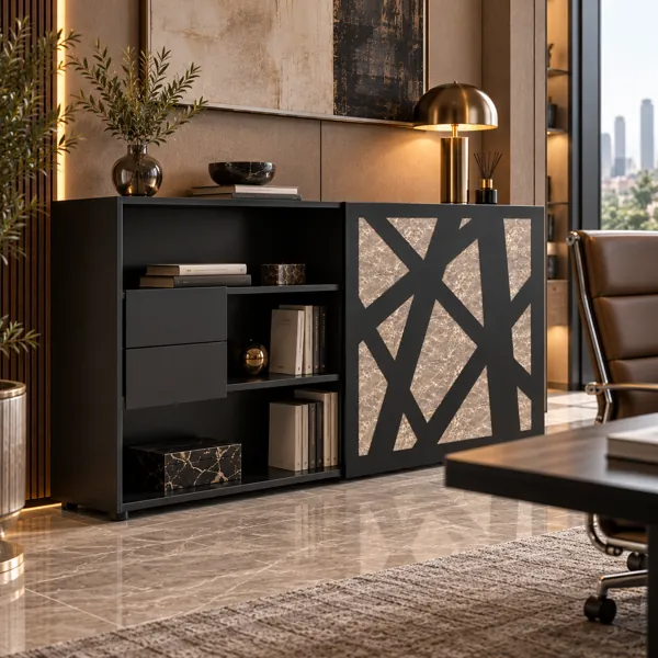 Black Geometric Marble Panel Office Credenza 3D Model back