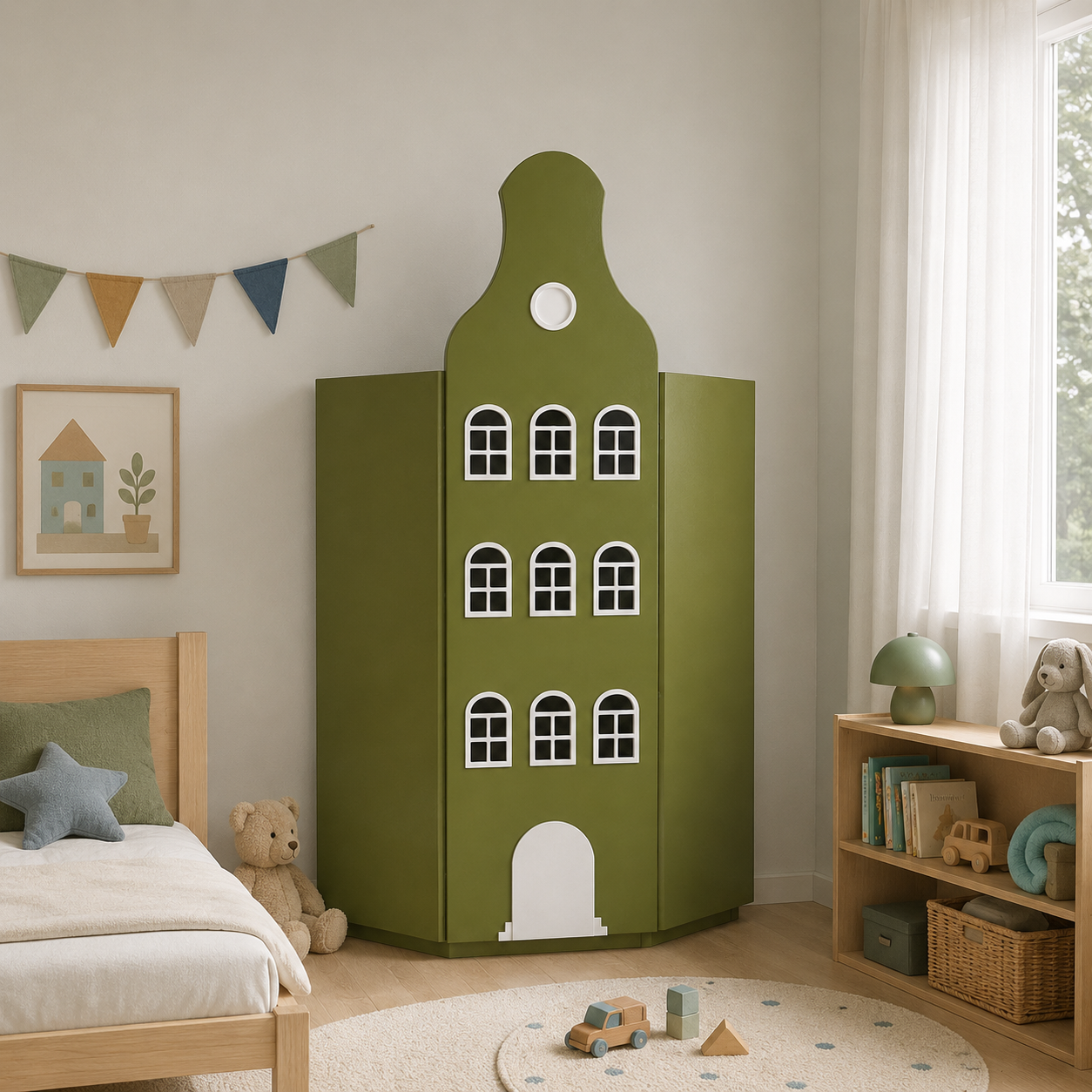 Olive Green Dutch Gable House Wardrobe – White Arched Windows 3D Model 2