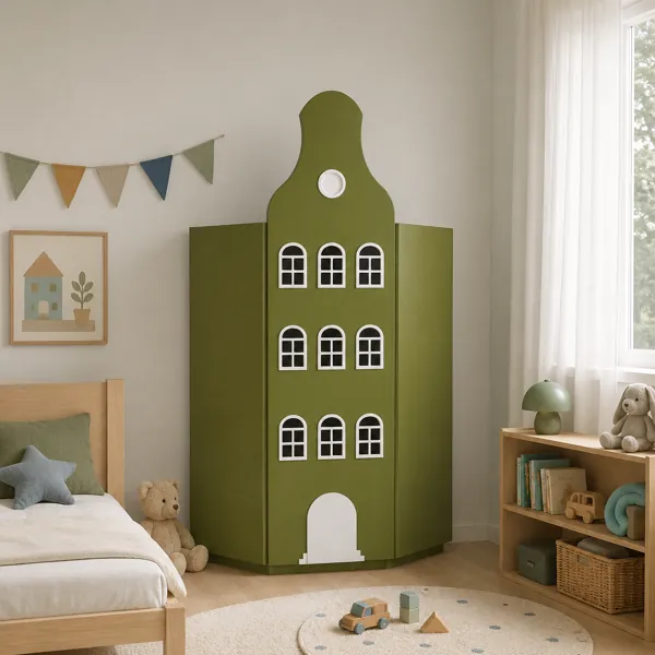 Olive Green Dutch Gable House Wardrobe – White Arched Windows 3D Model back