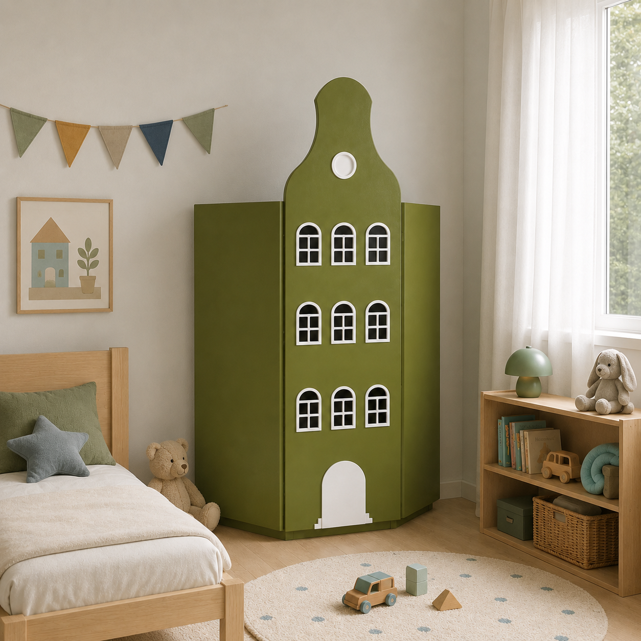 Olive Green Dutch Gable House Wardrobe – White Arched Windows 3D Model 3