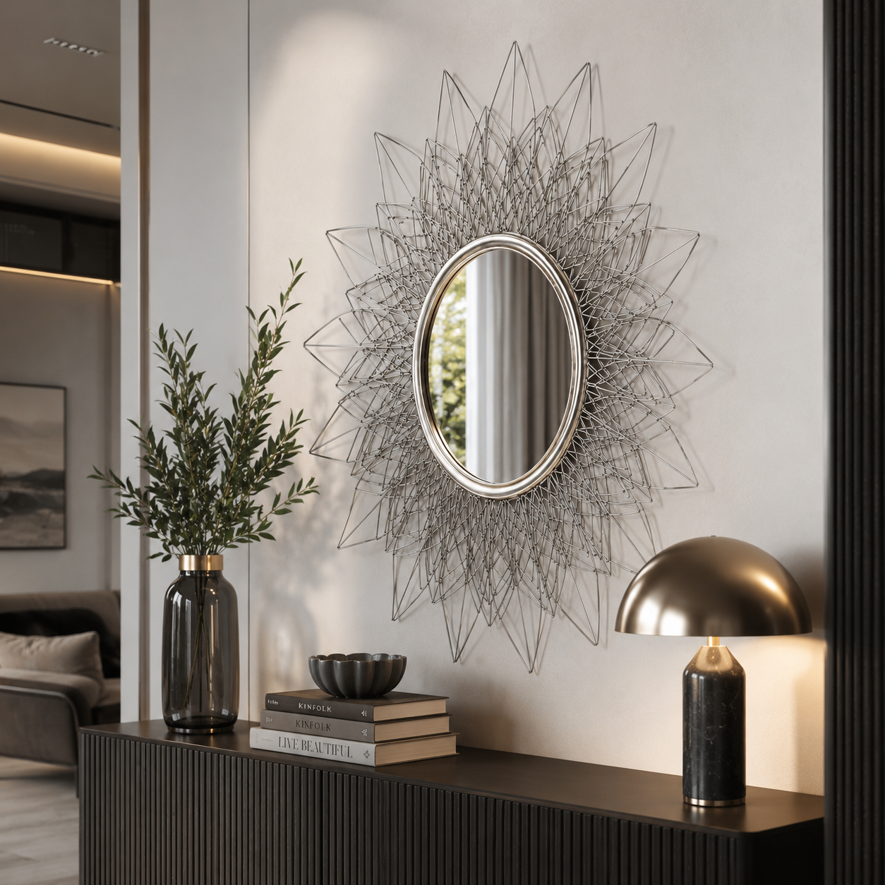 Round Wall Mirror – Silver Wireframe Petal Sunburst 2
