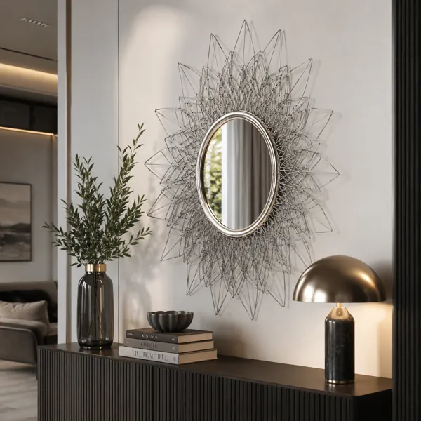 Round Wall Mirror – Silver Wireframe Petal Sunburst back