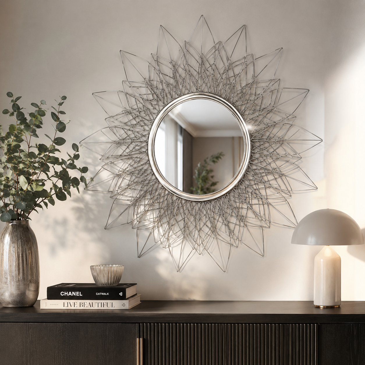 Round Wall Mirror – Silver Wireframe Petal Sunburst 3