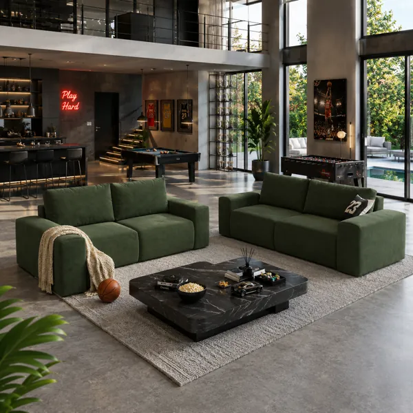 Modern Olive Green Fabric Sofa – Wide Square Arms 3D Model back