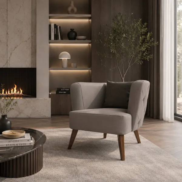 Light Grey Wingback Armchair with Dark Leather Cushion 3D Model back