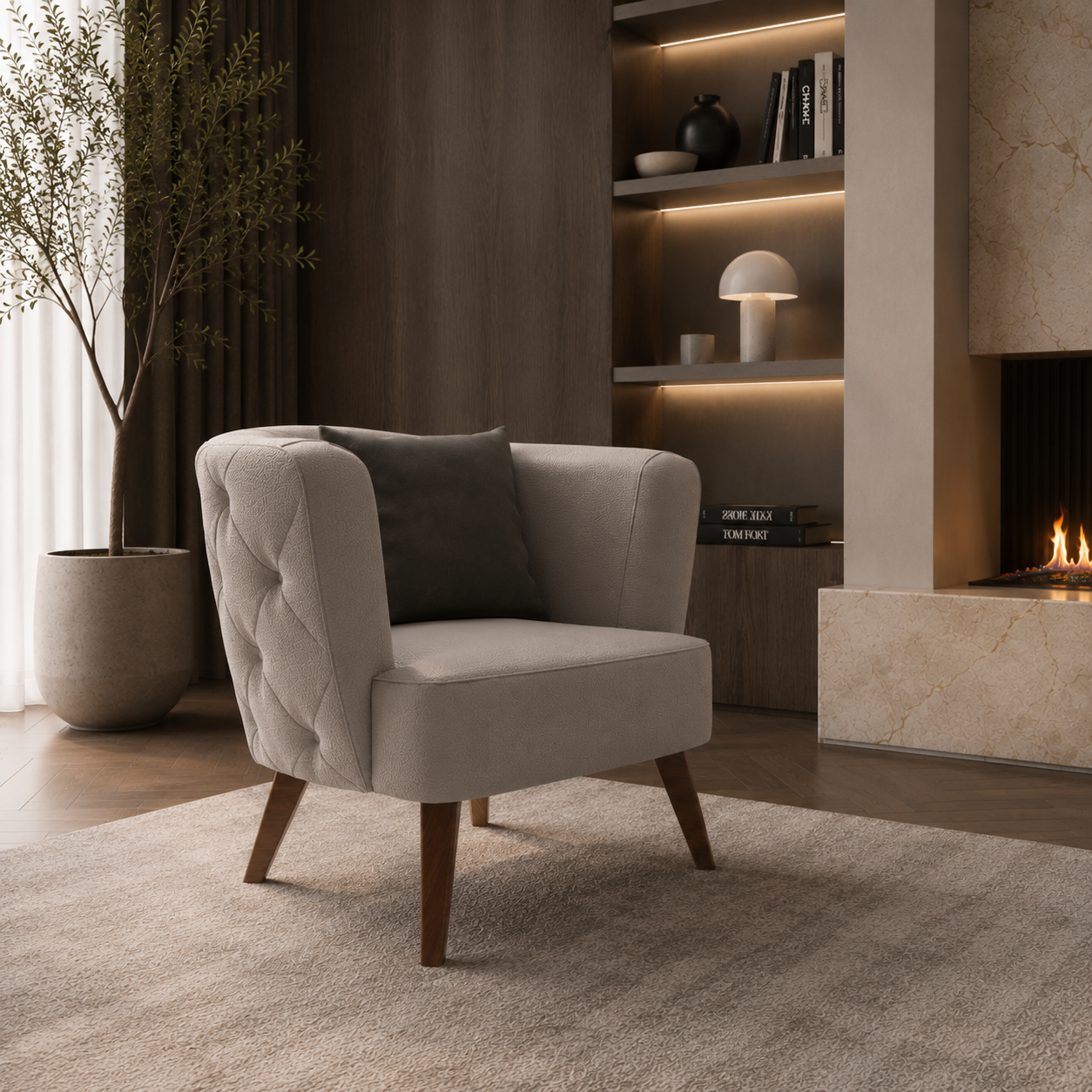 Light Grey Wingback Armchair with Dark Leather Cushion 3D Model 4