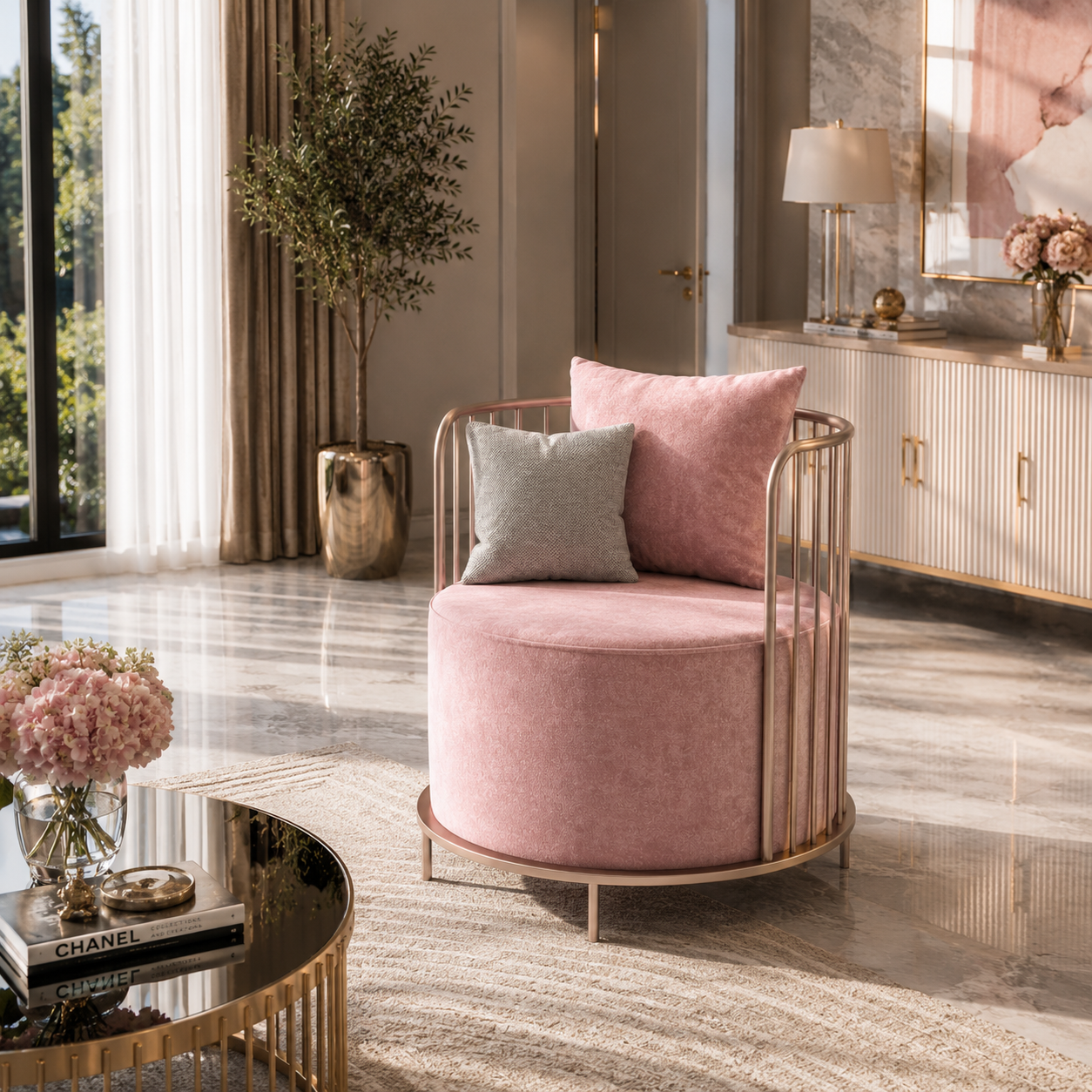 Blush Pink Velvet Barrel Armchair with Rose Gold Frame 3D Model 2