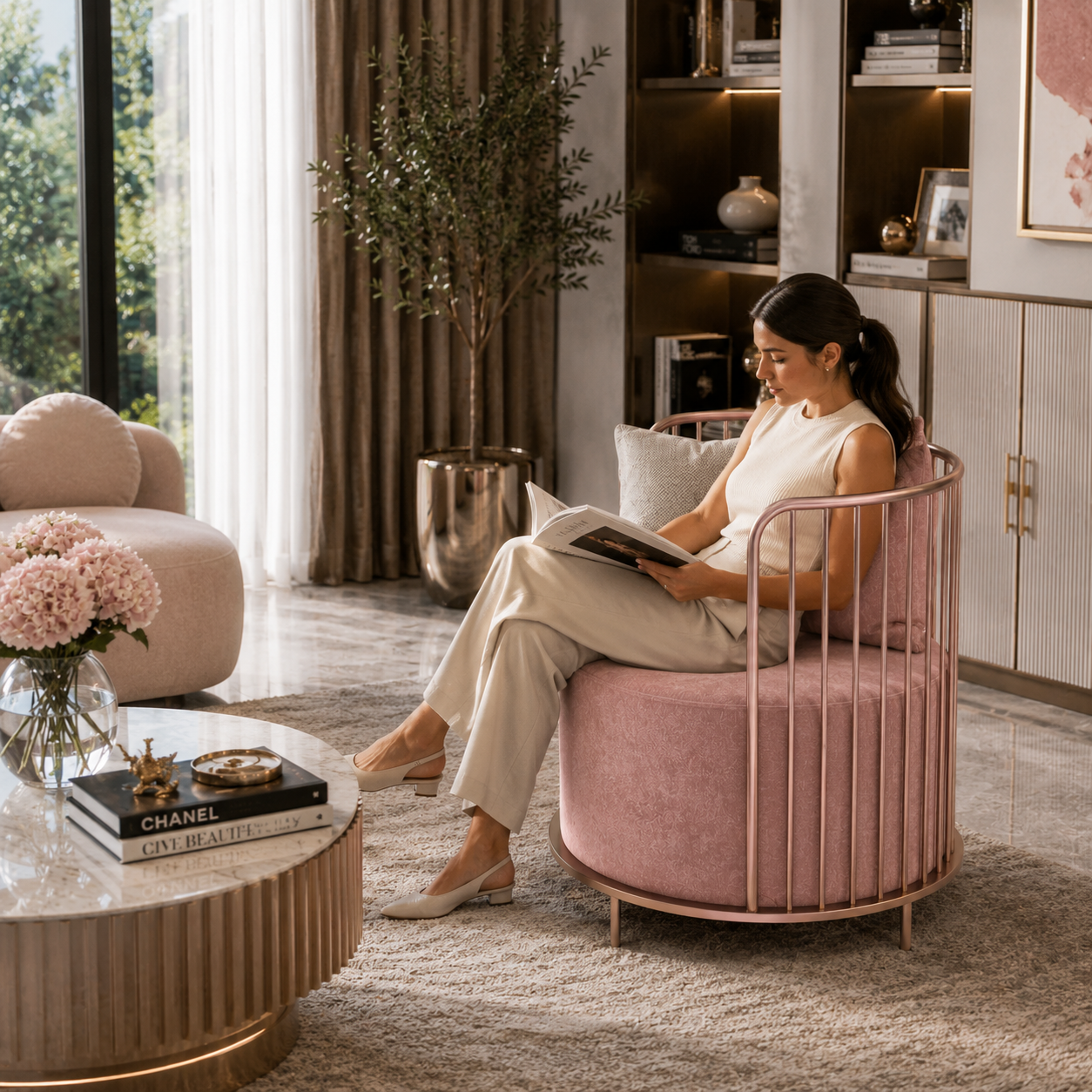 Blush Pink Velvet Barrel Armchair with Rose Gold Frame 3D Model 4
