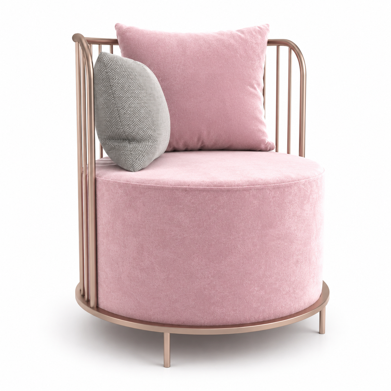 Blush Pink Velvet Barrel Armchair with Rose Gold Frame 3D Model 1