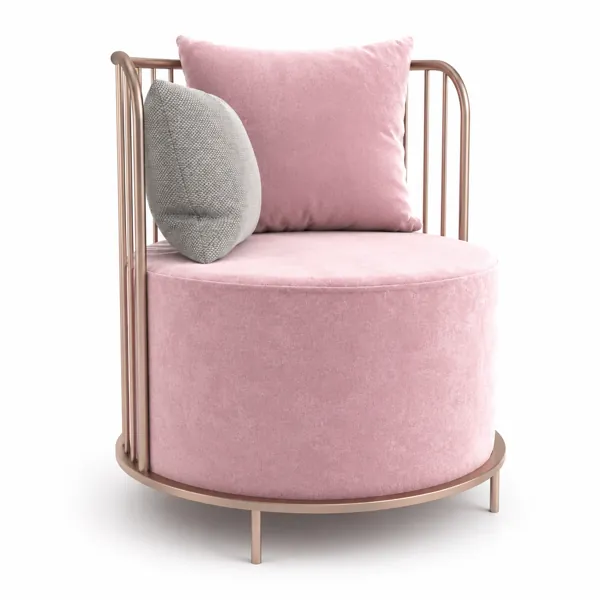 Blush Pink Velvet Barrel Armchair with Rose Gold Frame 3D Model