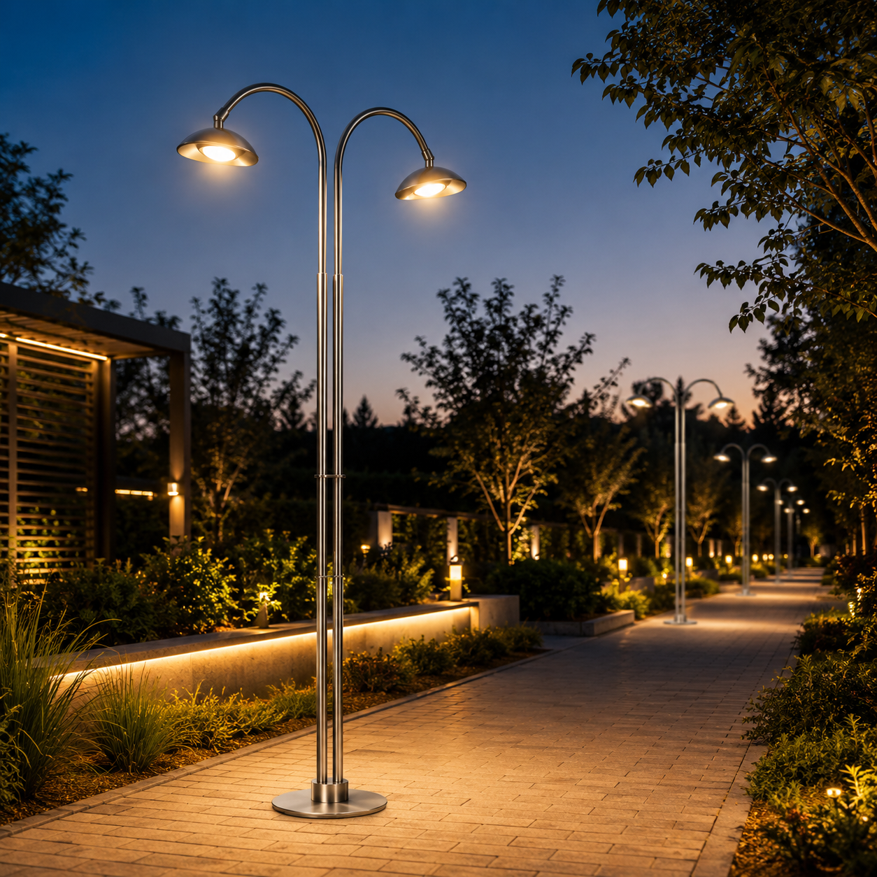 Silver Twin-Arc Street Light – Dual Dome Heads 3D Model 3