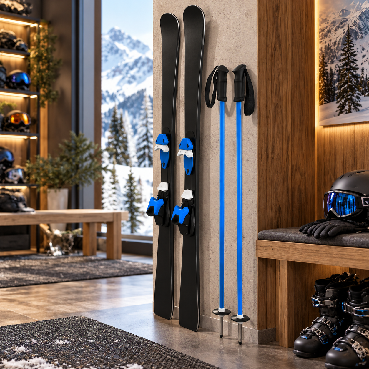Black Alpine Skis and Blue Ski Poles Set 3D Model 4