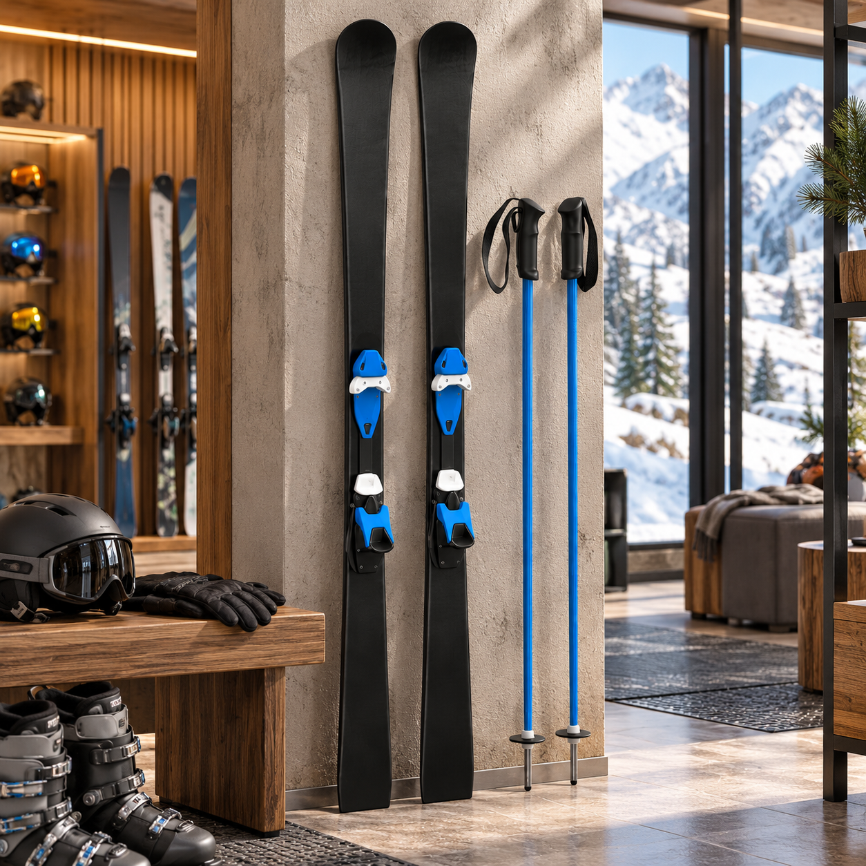 Black Alpine Skis and Blue Ski Poles Set 3D Model 2