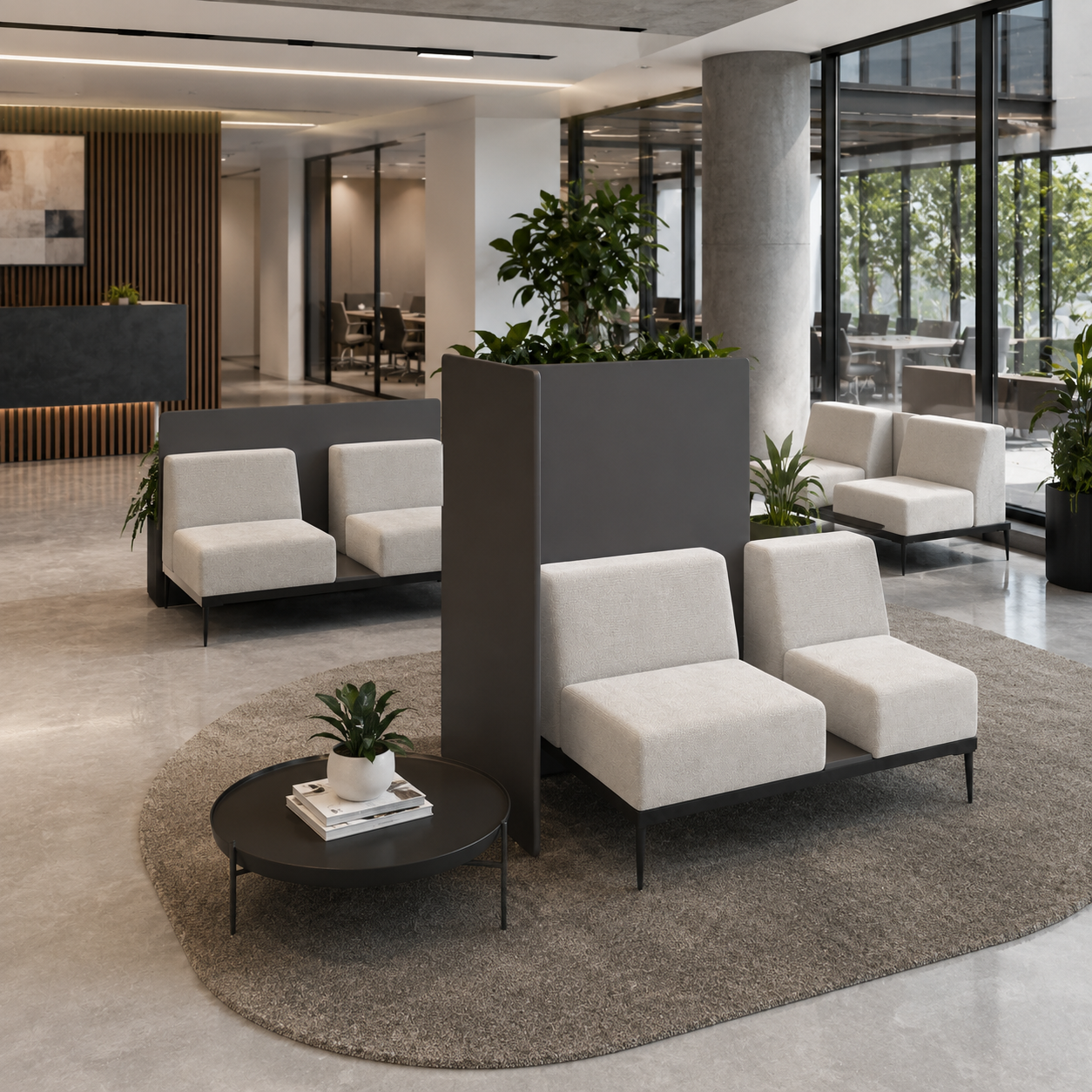 Ivory Modular Lounge Bench – Tall Gray Privacy Panel 3D Model 2