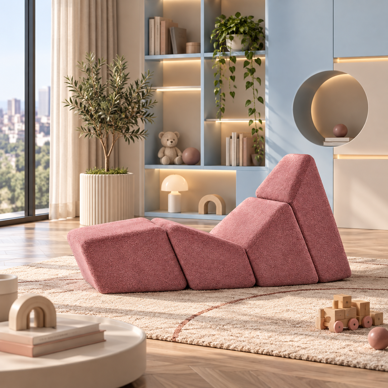 Dusty Pink Geometric Fabric Lounge Modules 3D Model 2