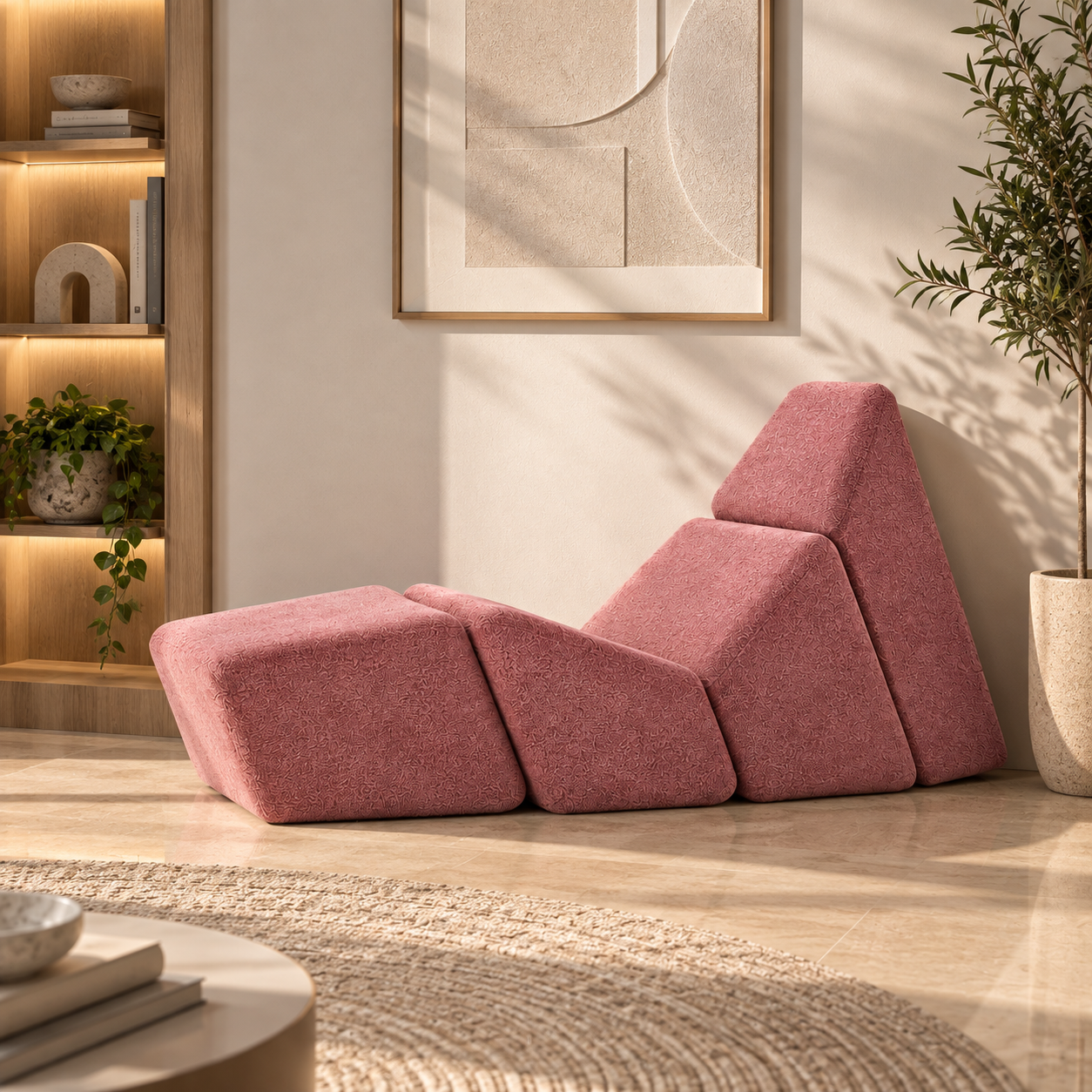 Dusty Pink Geometric Fabric Lounge Modules 3D Model 4