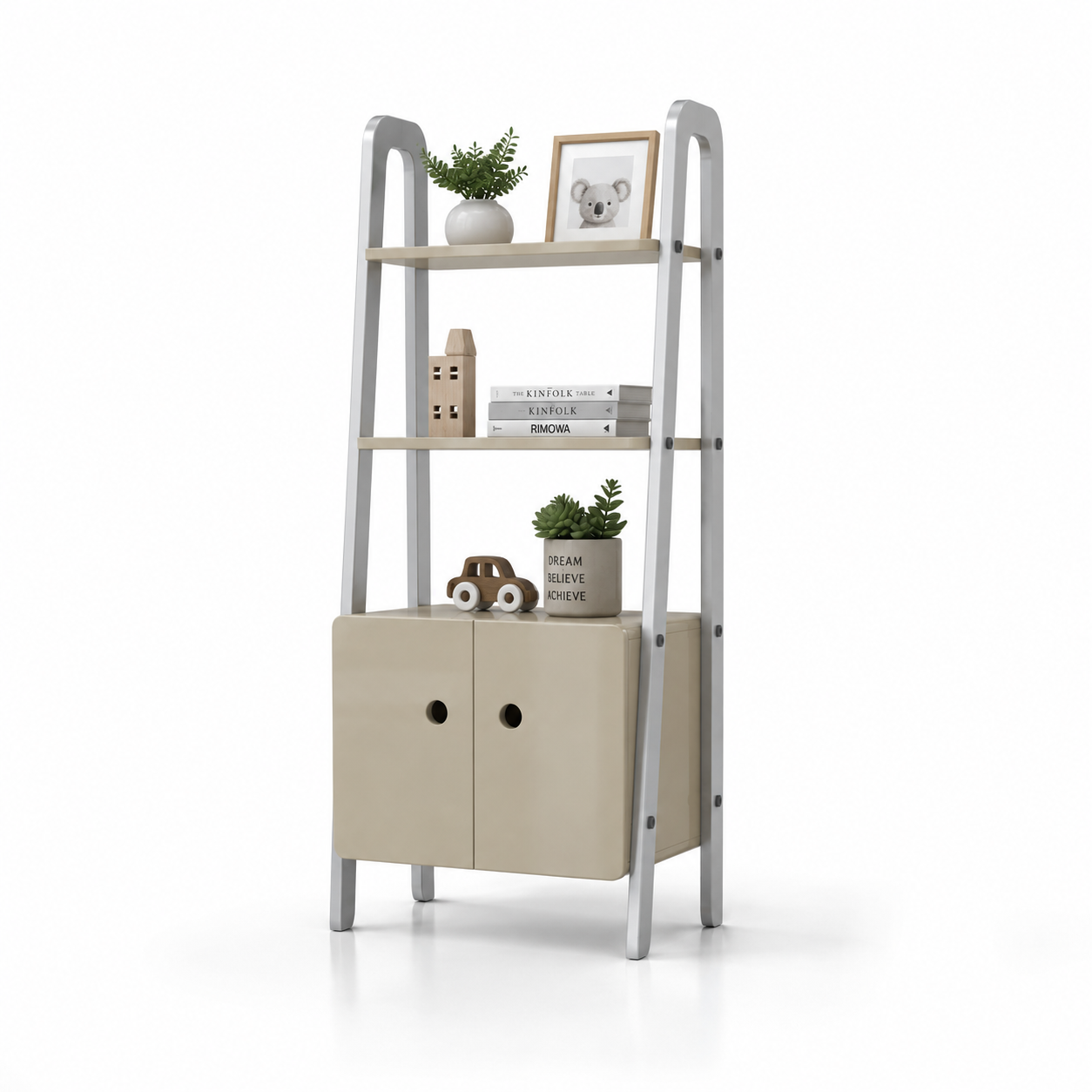 Sage Green Ladder Cabinet – White Frame & Open Shelves 3D Model 3