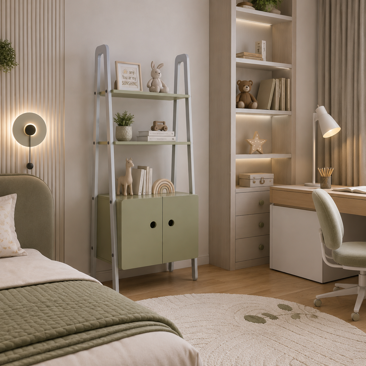Sage Green Ladder Cabinet – White Frame & Open Shelves 3D Model 2