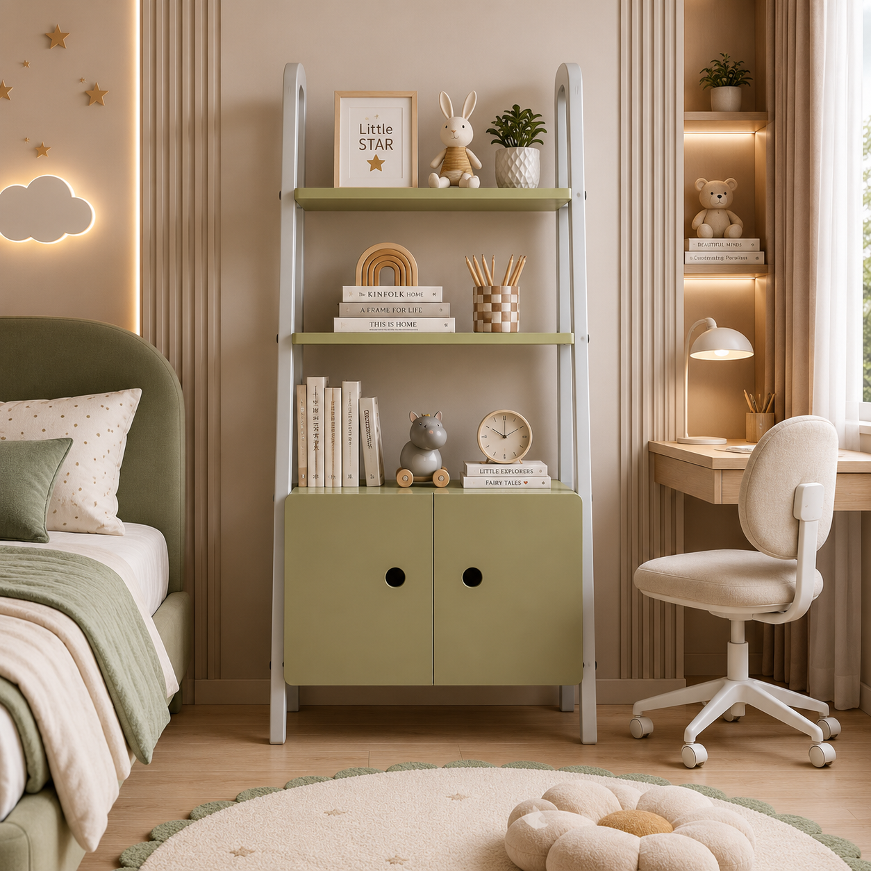 Sage Green Ladder Cabinet – White Frame & Open Shelves 3D Model 4