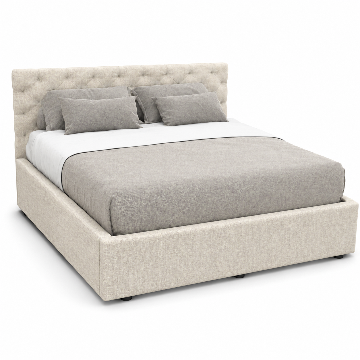Ivory Upholstered Bed with Button-Tufted Headboard 3D Model 1