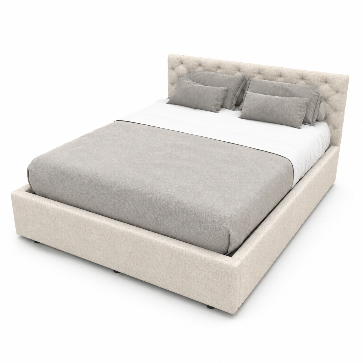 Ivory Upholstered Bed with Button-Tufted Headboard 3D Model 3