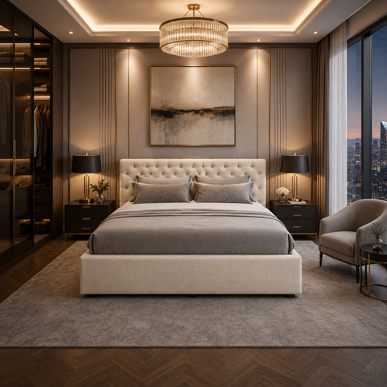 Ivory Upholstered Bed with Button-Tufted Headboard 3D Model 4