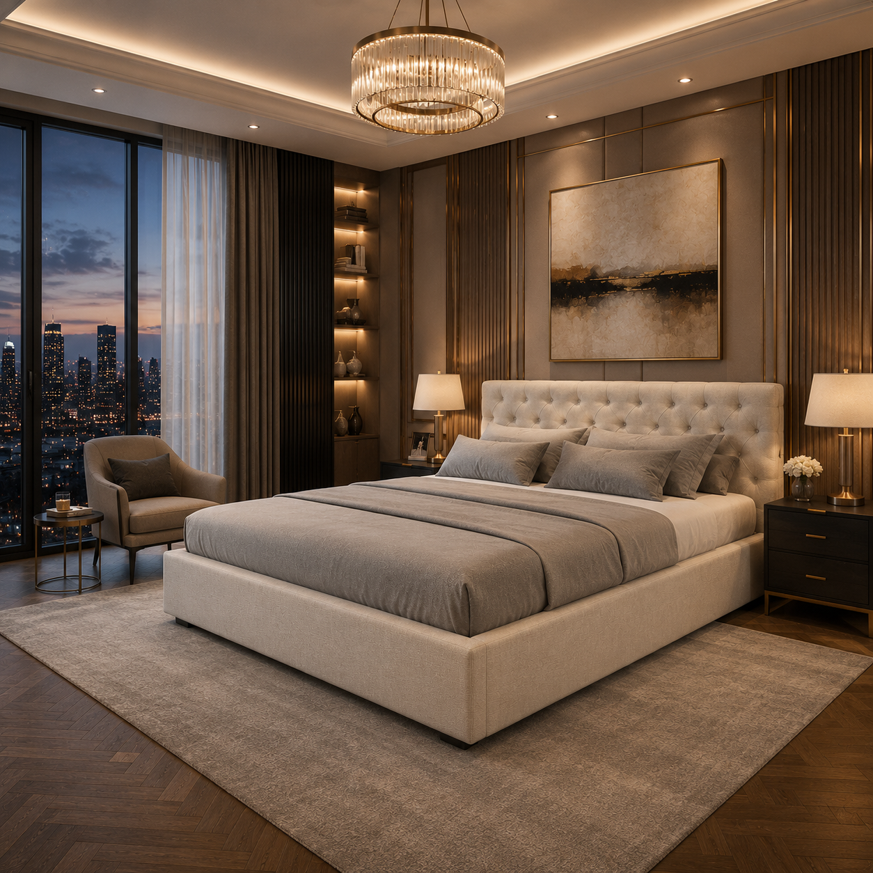 Ivory Upholstered Bed with Button-Tufted Headboard 3D Model 2