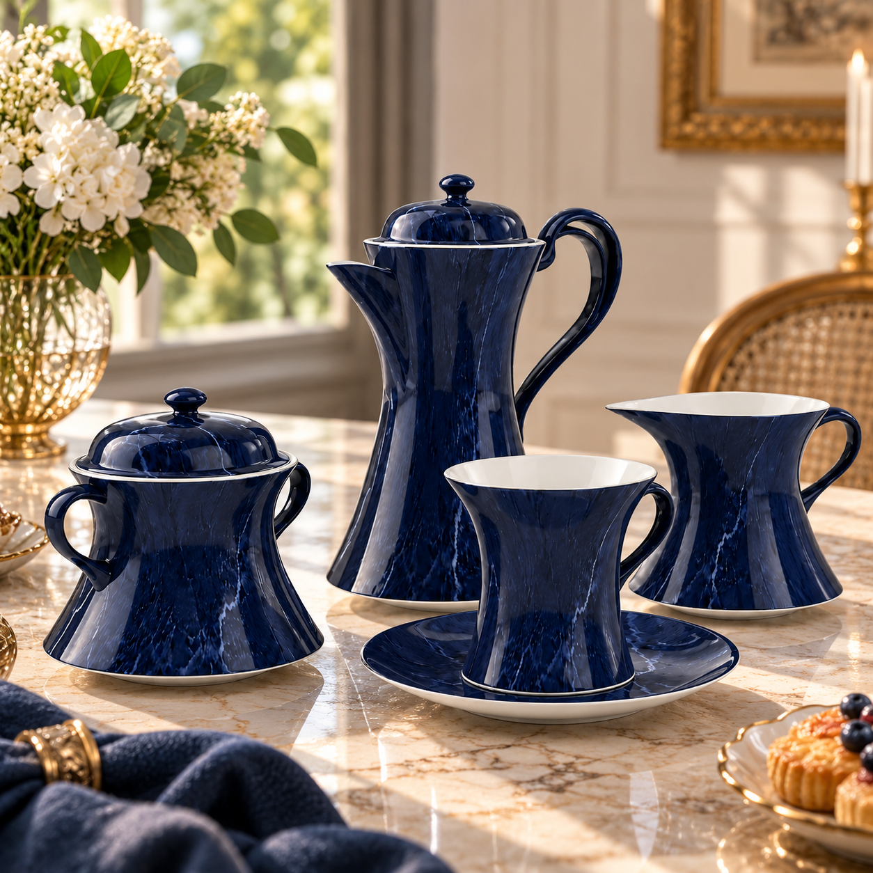 Navy Marble Pattern Porcelain Tea Set 3D Model 2