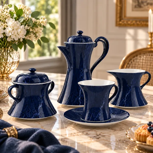 Navy Marble Pattern Porcelain Tea Set 3D Model back