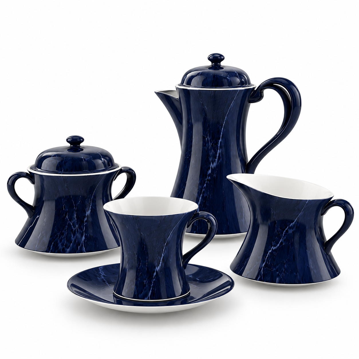 Navy Marble Pattern Porcelain Tea Set 3D Model 1