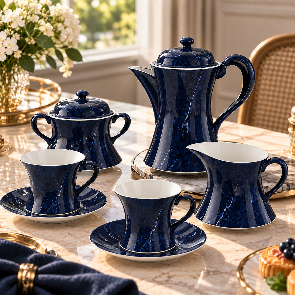 Navy Marble Pattern Porcelain Tea Set 3D Model 4