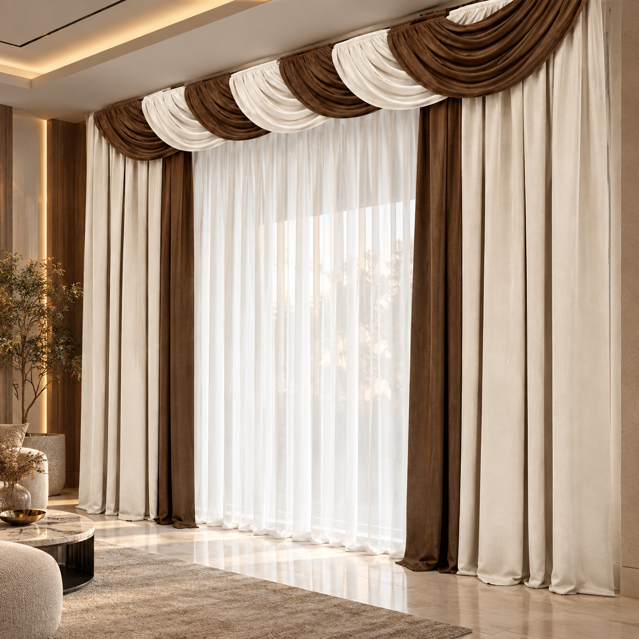 Brown White Swag Curtain Set 3D Model 4