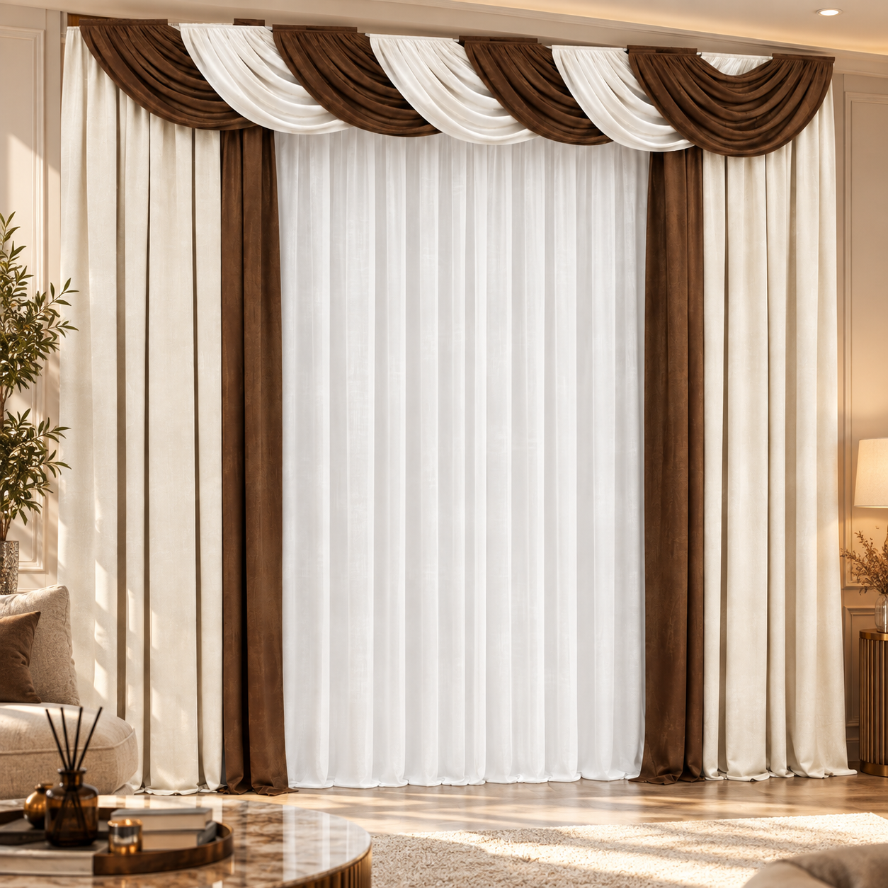 Brown White Swag Curtain Set 3D Model 2