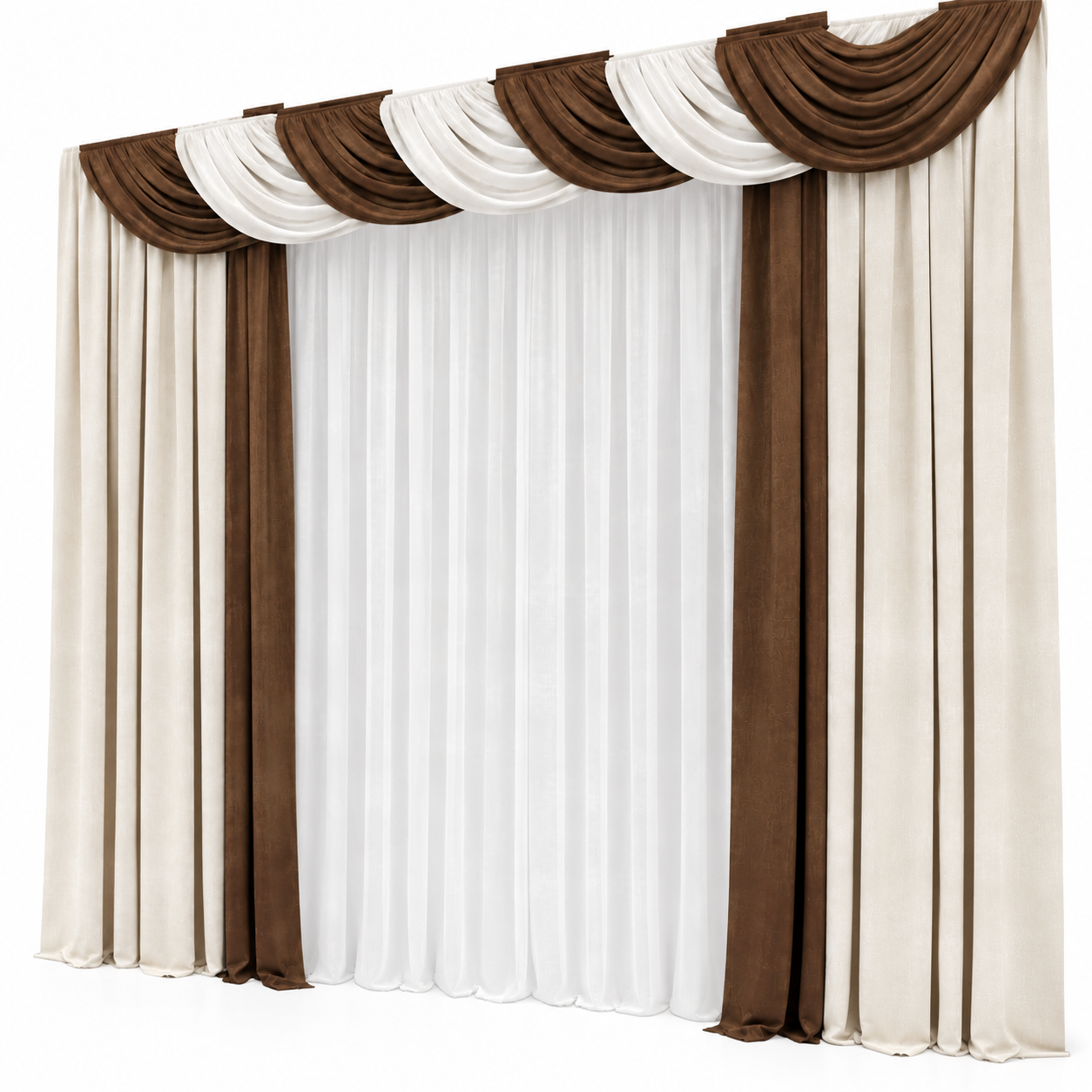 Brown White Swag Curtain Set 3D Model 3