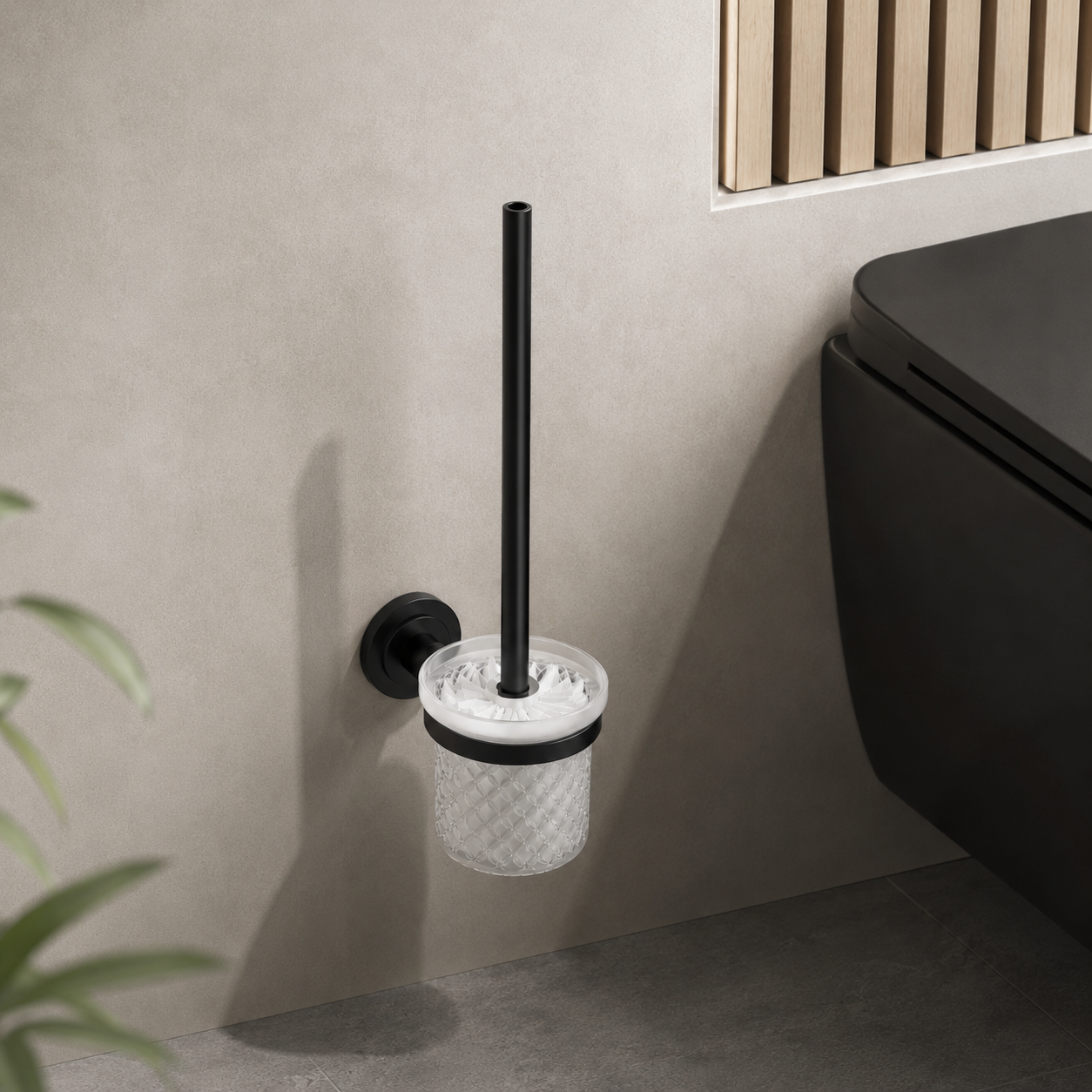 Wall Mounted Toilet Brush Holder – Black Metal & Textured Glass 3D Model 2