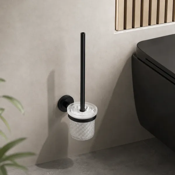 Wall Mounted Toilet Brush Holder – Black Metal & Textured Glass 3D Model back