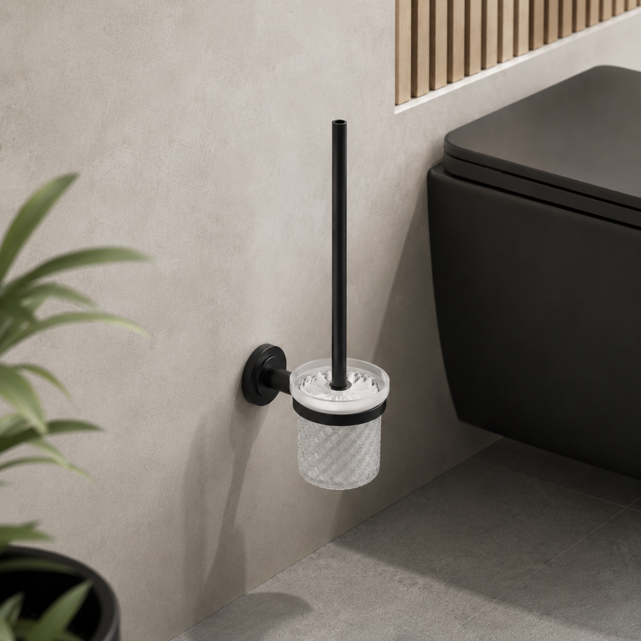 Wall Mounted Toilet Brush Holder – Black Metal & Textured Glass 3D Model 3