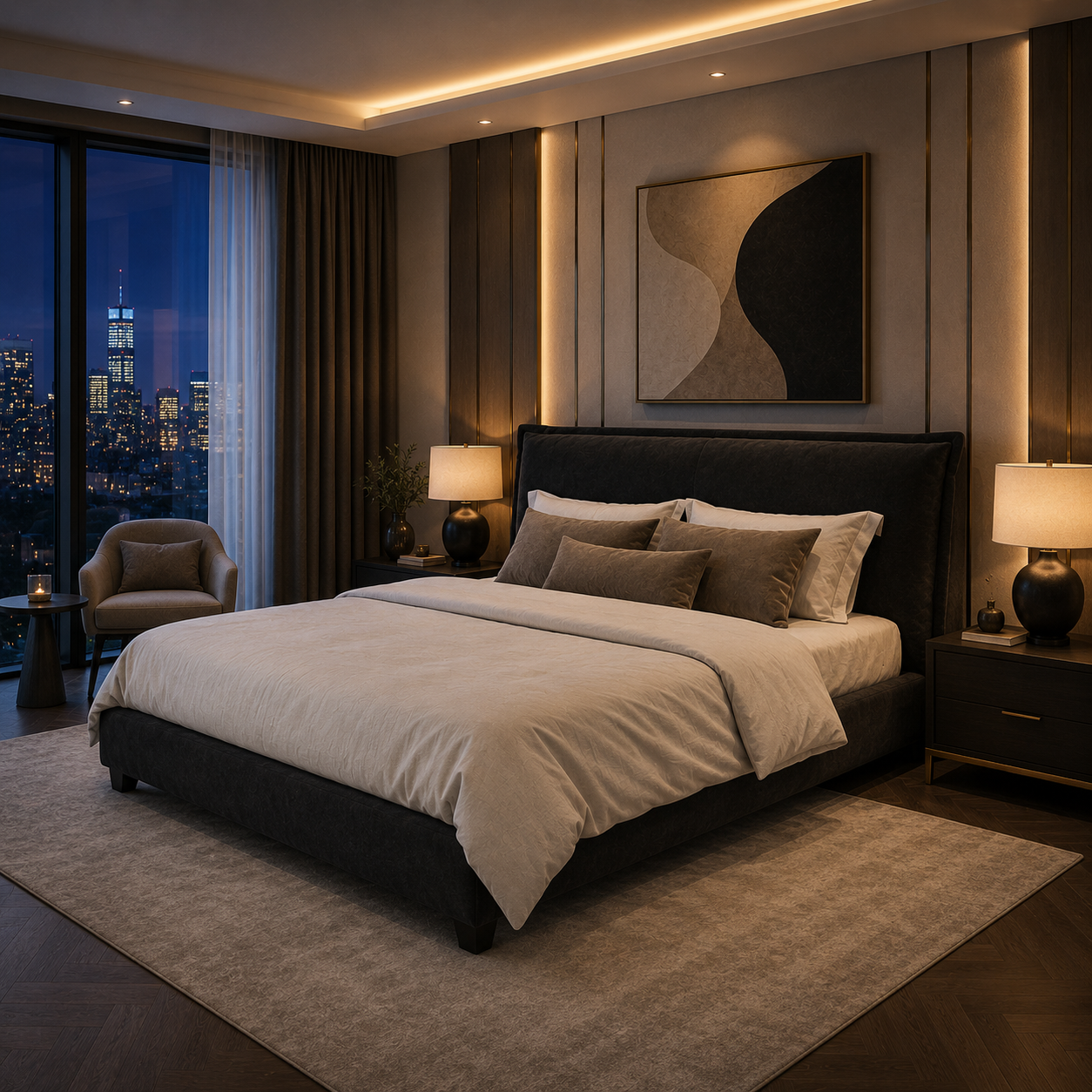Black Pillow-Edge Upholstered Bed 3D Model 2
