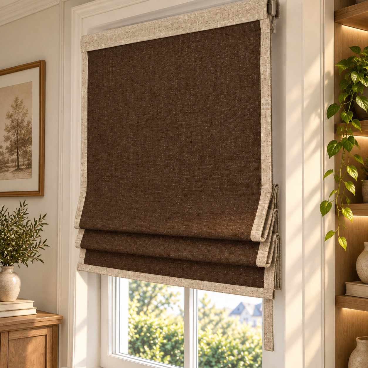 Brown Fabric Roman Shade Set 3D Model 4