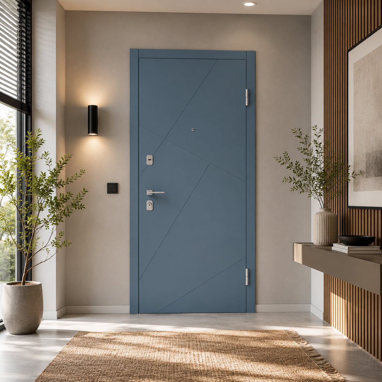Modern Geometric Wood Door – Blue Gray & Sage Green 3D Model 2