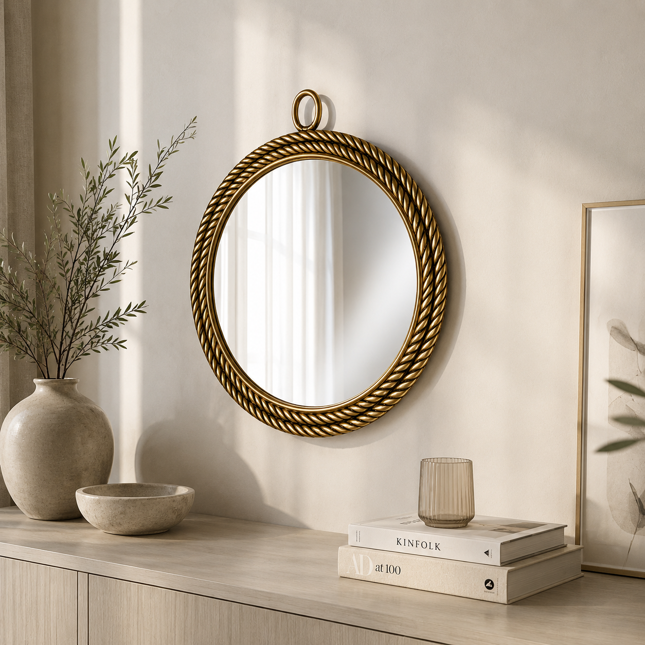 Antique Gold Rope Frame Round Wall Mirror 3