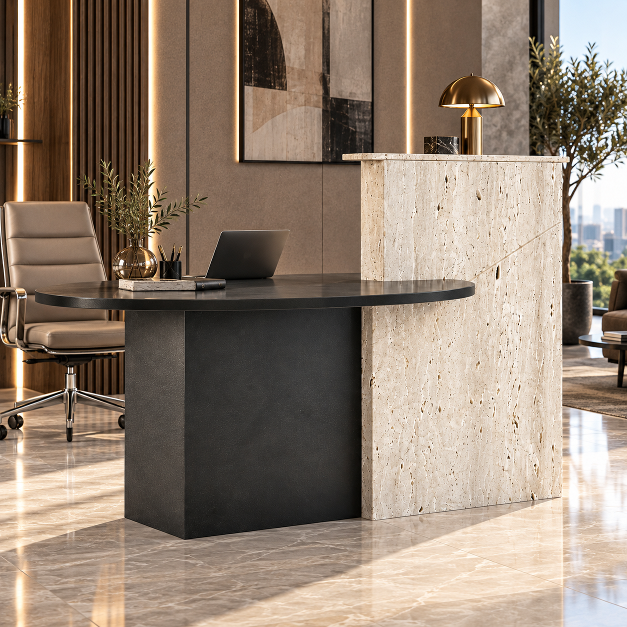 Black Oval Desk with Beige Travertine Panel 3D Model 4
