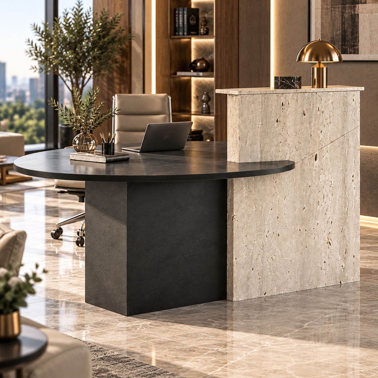 Black Oval Desk with Beige Travertine Panel 3D Model 2