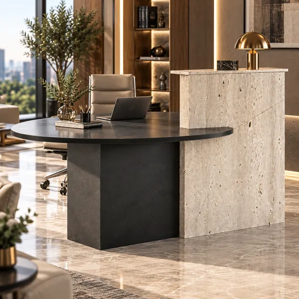 Black Oval Desk with Beige Travertine Panel 3D Model back