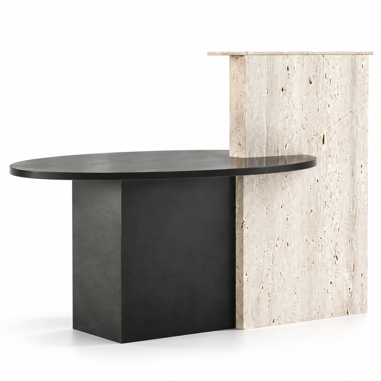 Black Oval Desk with Beige Travertine Panel 3D Model 1