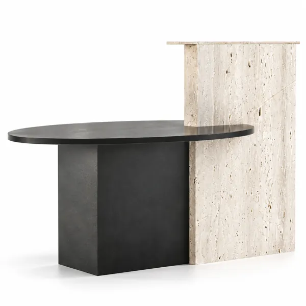 Black Oval Desk with Beige Travertine Panel 3D Model